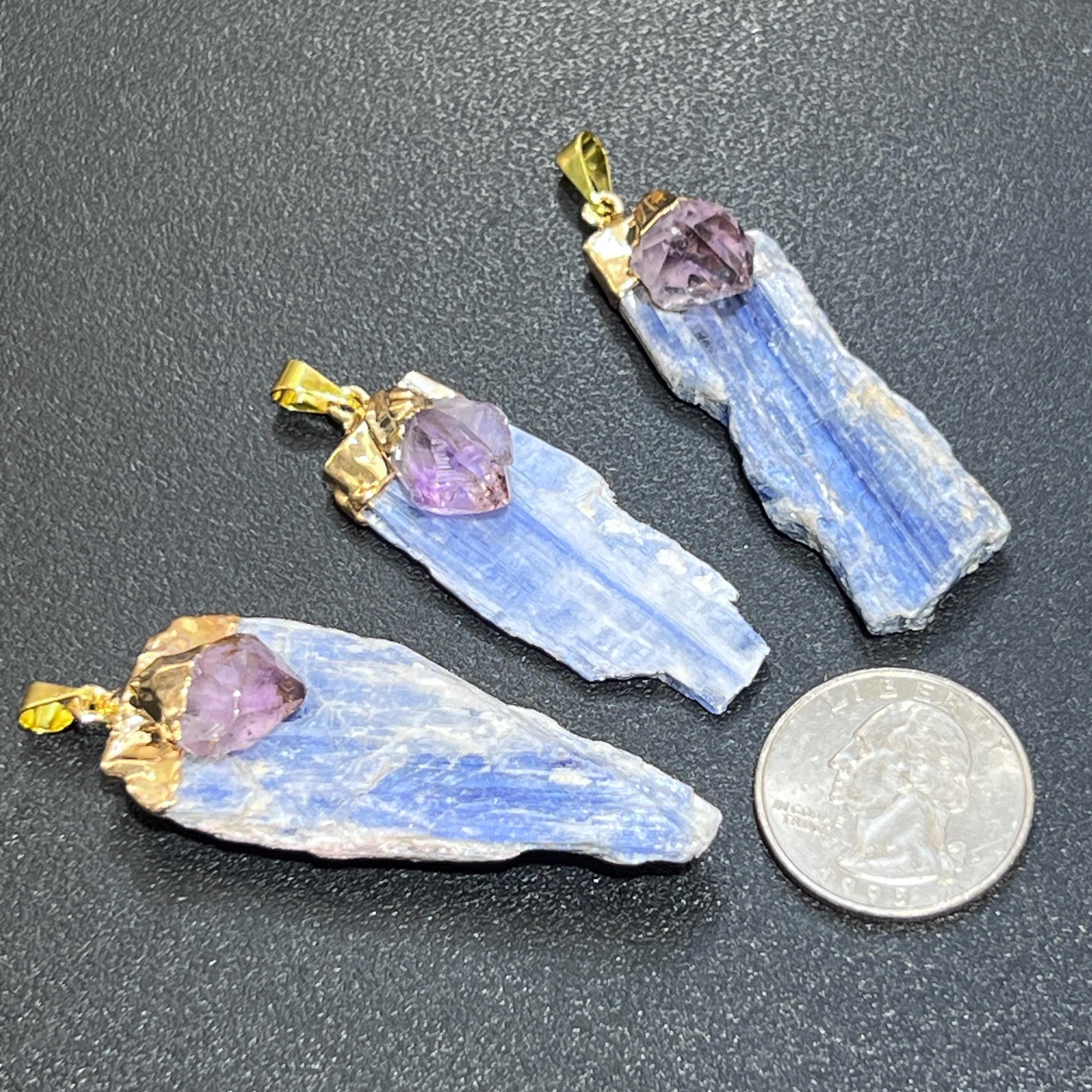 Kyanite And Amethyst Crystal Point Pendant (Gold Plated) by Amazing Crystals