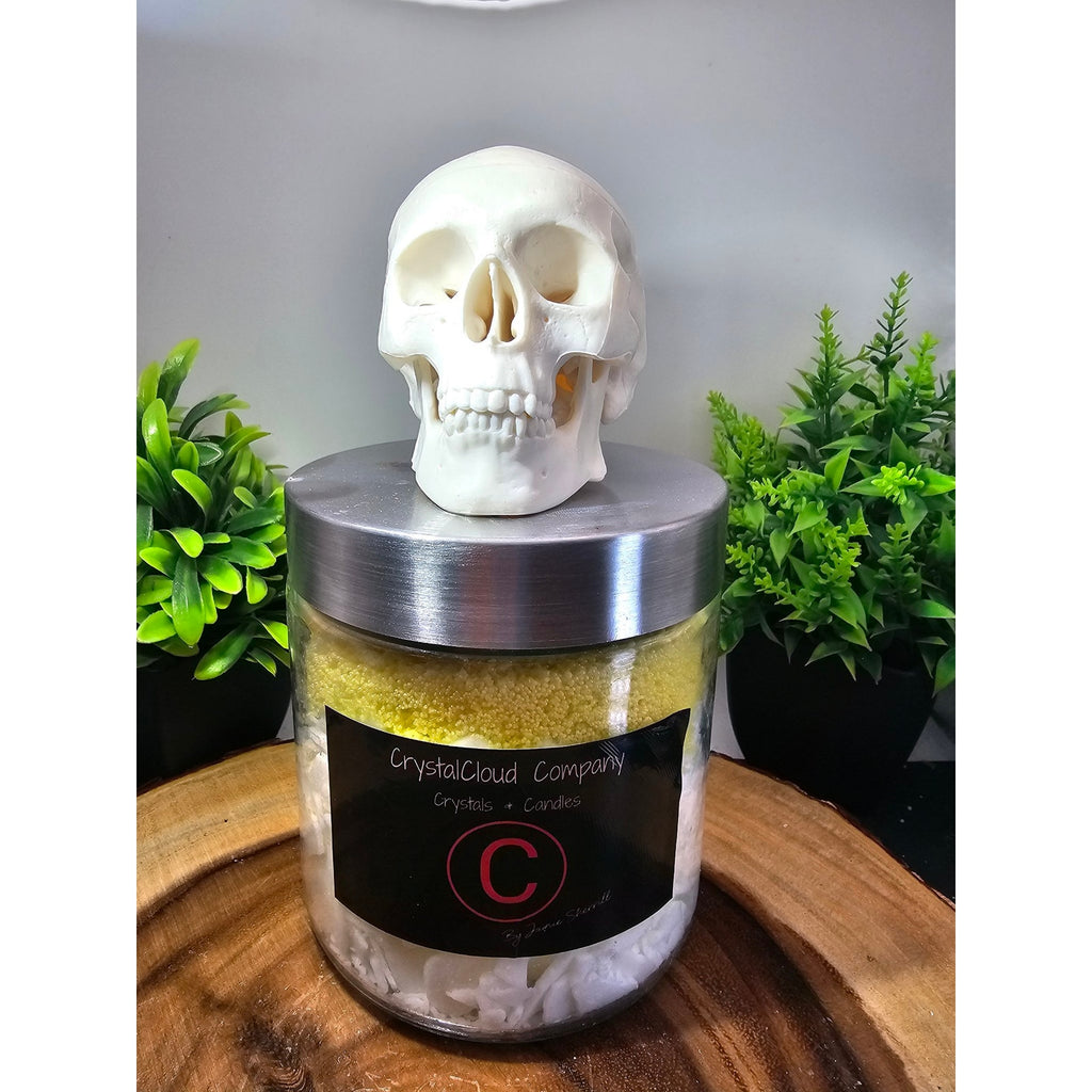 Huge Handmade Candle — Glass Jar with Skull Replica Topper, 15 Wicks