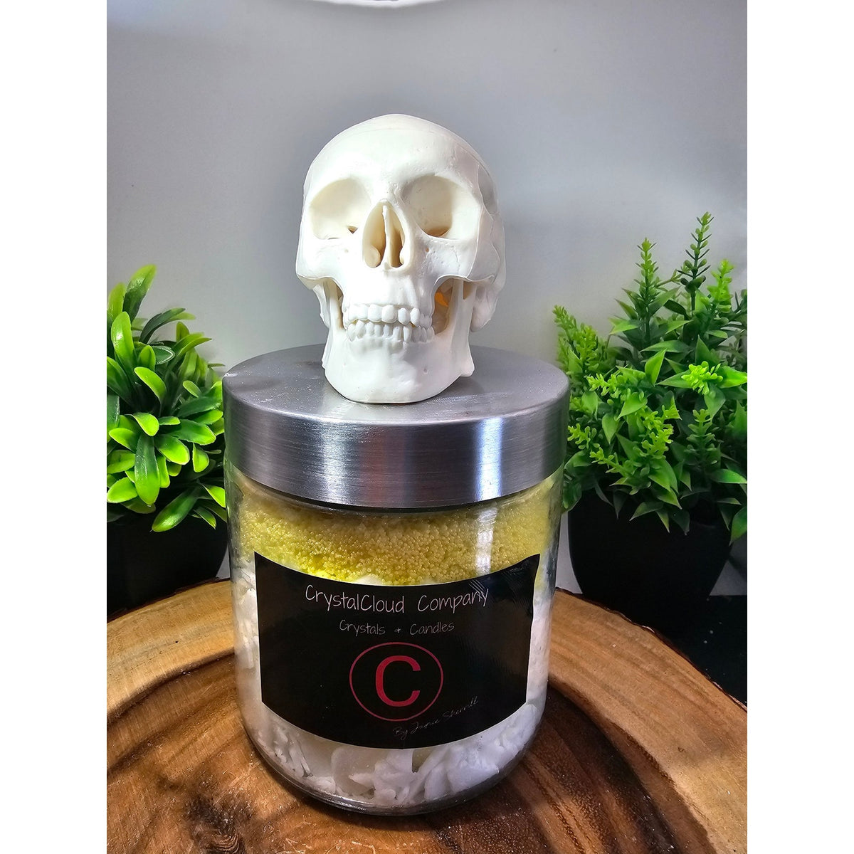 Huge Handmade Candle — Glass Jar with Skull Replica Topper, 15 Wicks