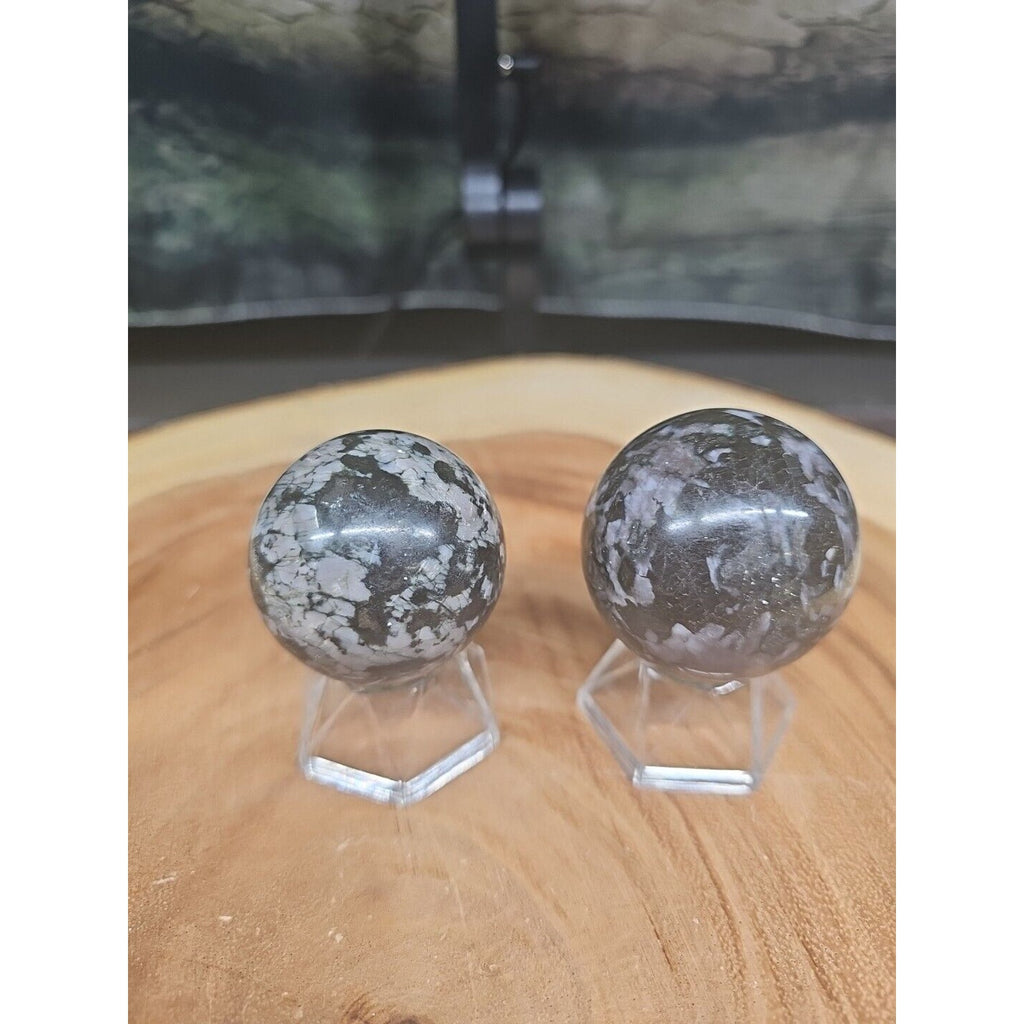 Black Flower of Fog Jasper Quartz Crystal Sphere Pair — 40mm, Madagascar | CrystalCloud Company by CrystalCloud Company
