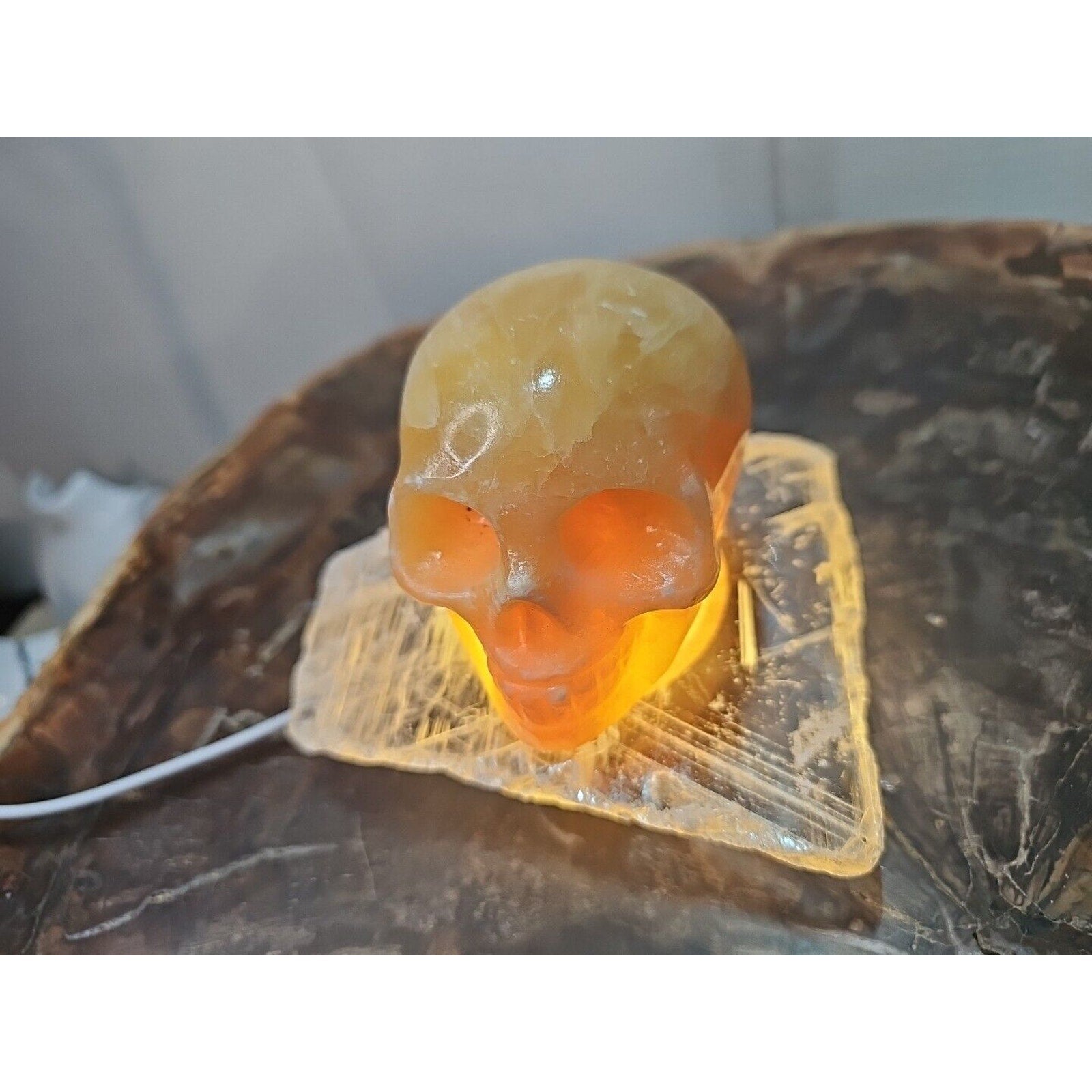 1.62LB Natural Yellow Translucent Calcite Crystal Skull W/Selenite Base & Led by CrystalCloud Company