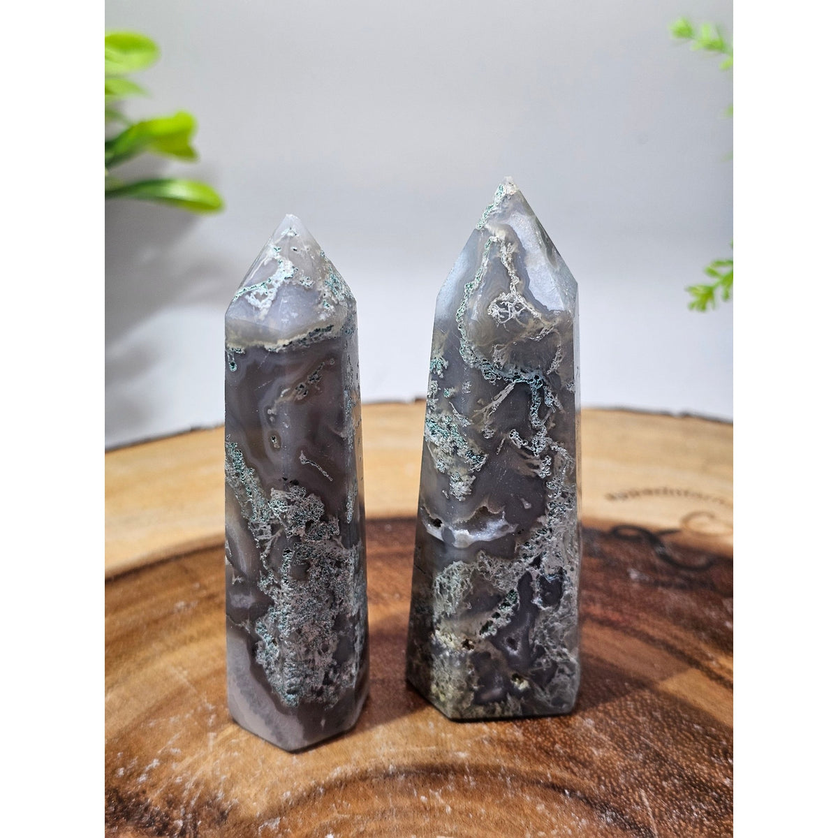 Pair of Moss Agate Towers — Blue Gray with Green & White Inclusions