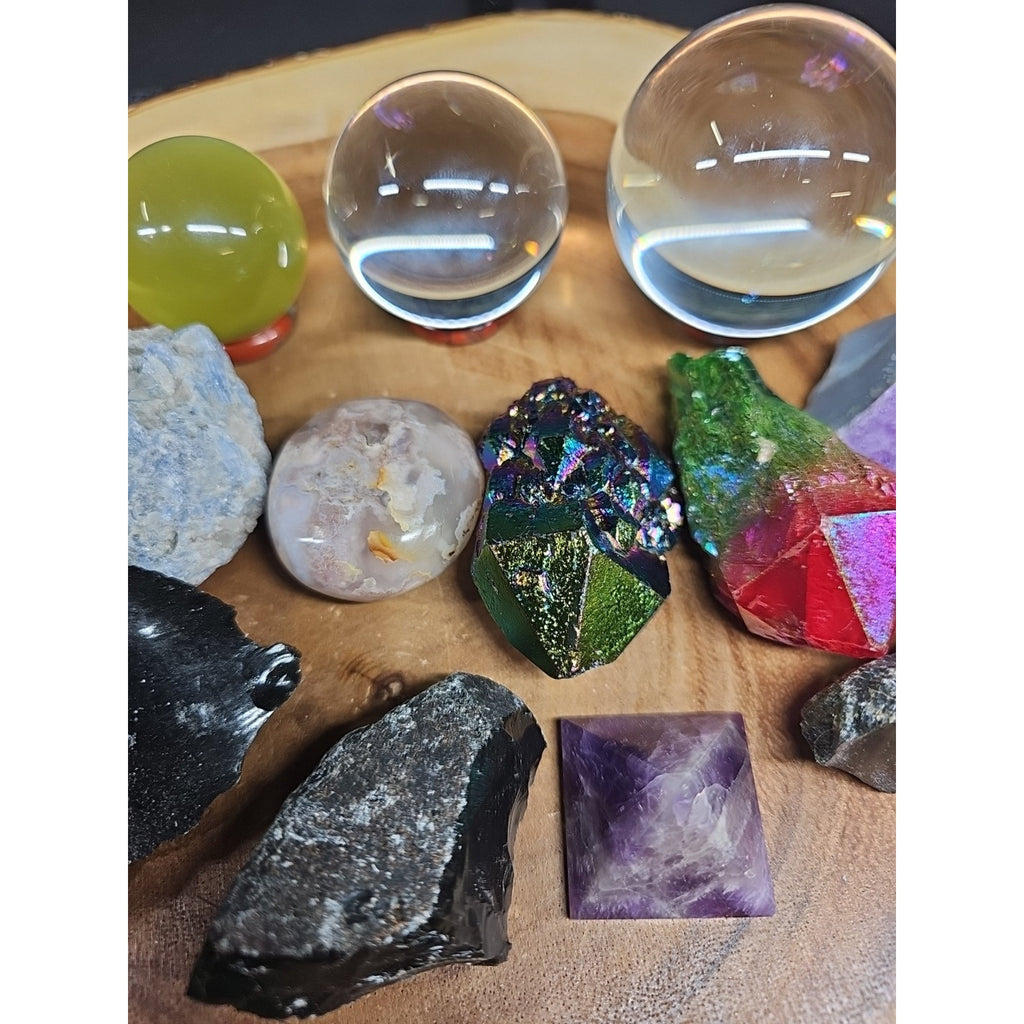 Mix Crystal Lot 2 Glass Sphere, Selenite, Obsidian, Amethyst, Agate,titanium by CrystalCloud Company
