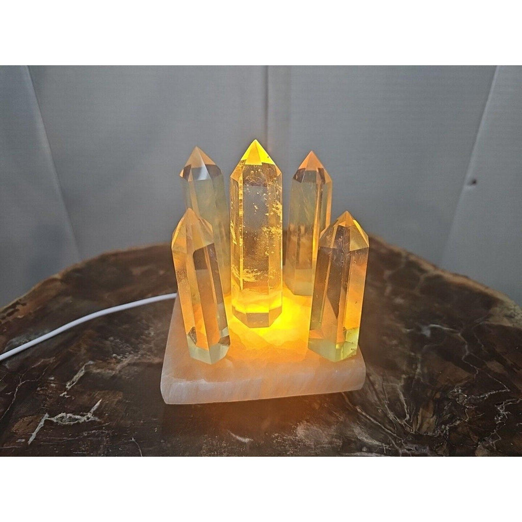 Yellow Smelt Quartz Crystal Points with Selenite Charging Base & LED Display — 5-Piece Set | CrystalCloud Company by CrystalCloud Company