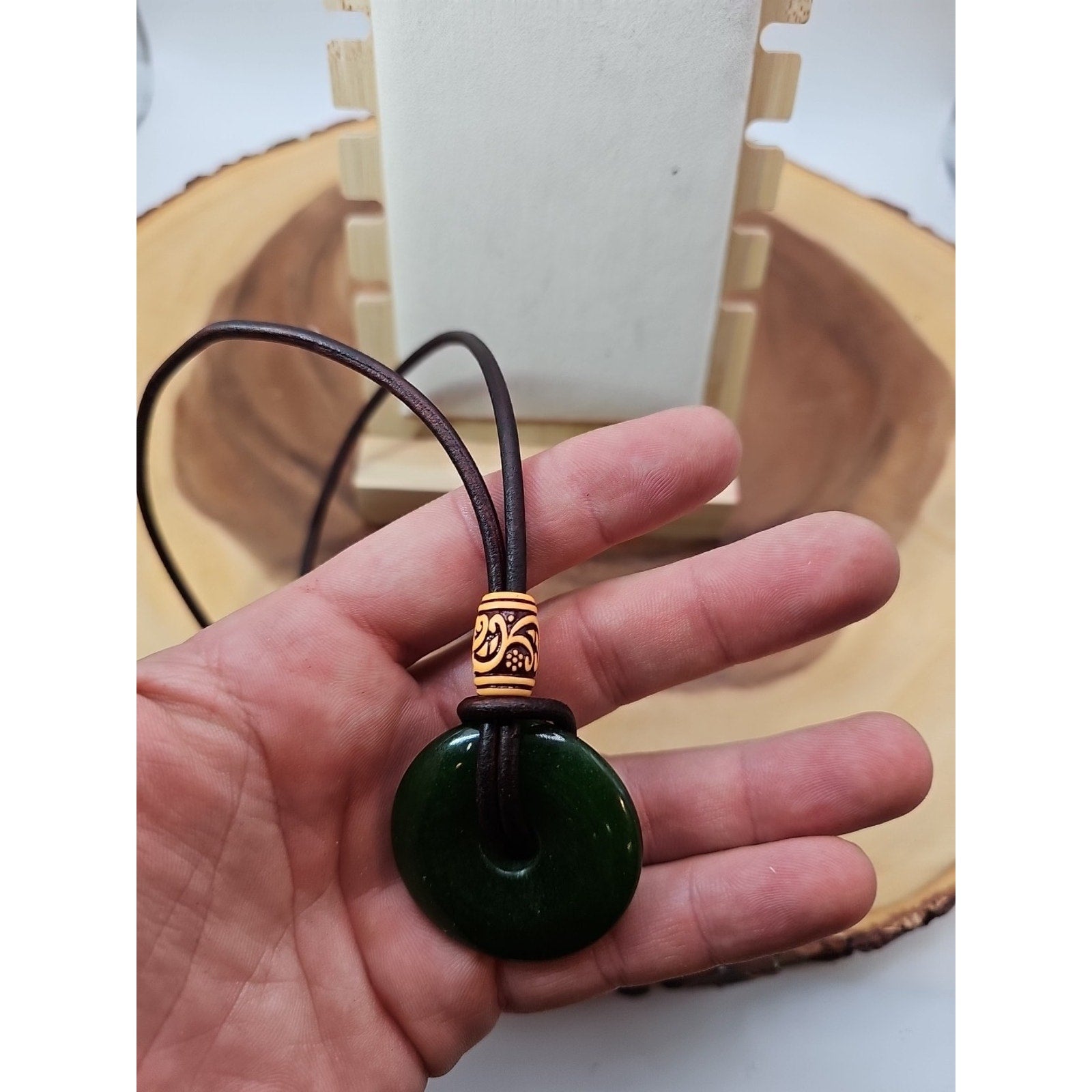 Green jade good luck pendant 16in Leather Cord by CrystalCloud Company