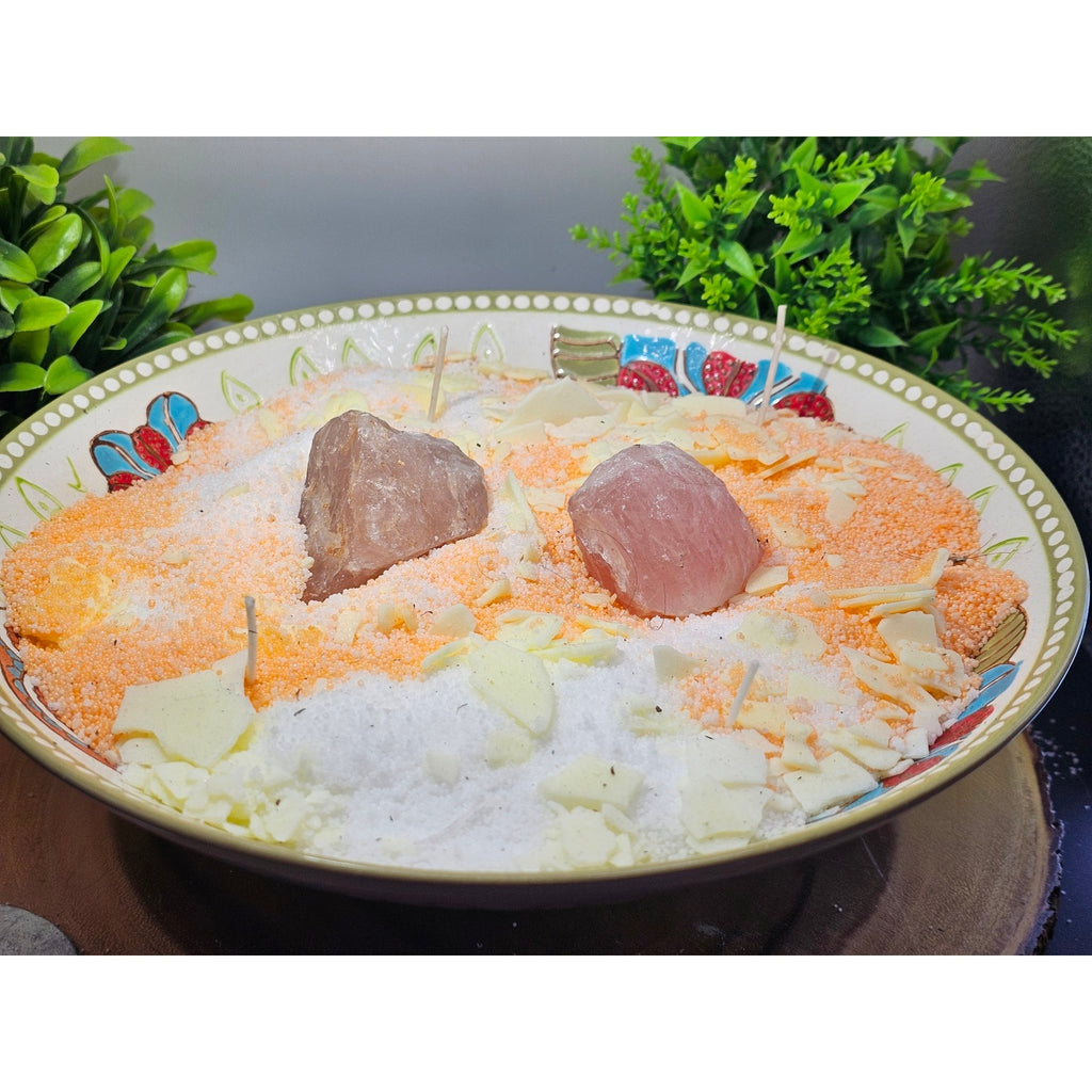 Super Large Handmade Candle — Decorative Ceramic Bowl, Rose Quartz Center Stones, 2lb Pearl Wax, 20 Wicks