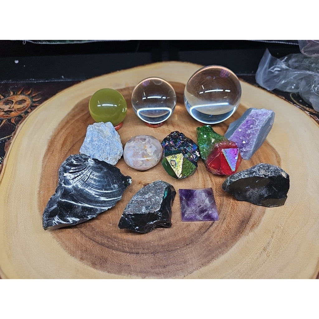 Mix Crystal Lot 2 Glass Sphere, Selenite, Obsidian, Amethyst, Agate,titanium by CrystalCloud Company