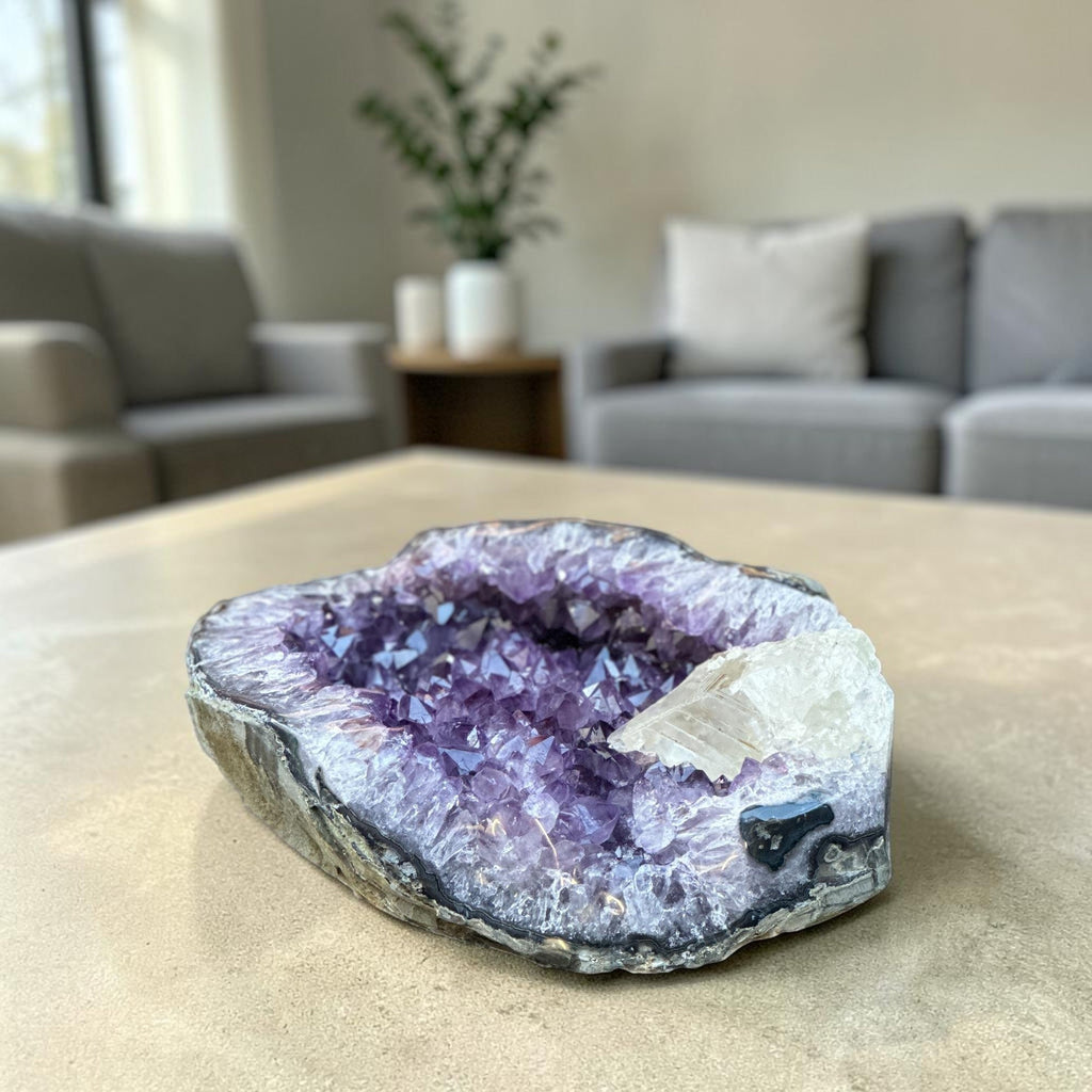 Rare Amethyst Crystal Geode Centerpiece with Calcite, Outstanding Quality Amethyst