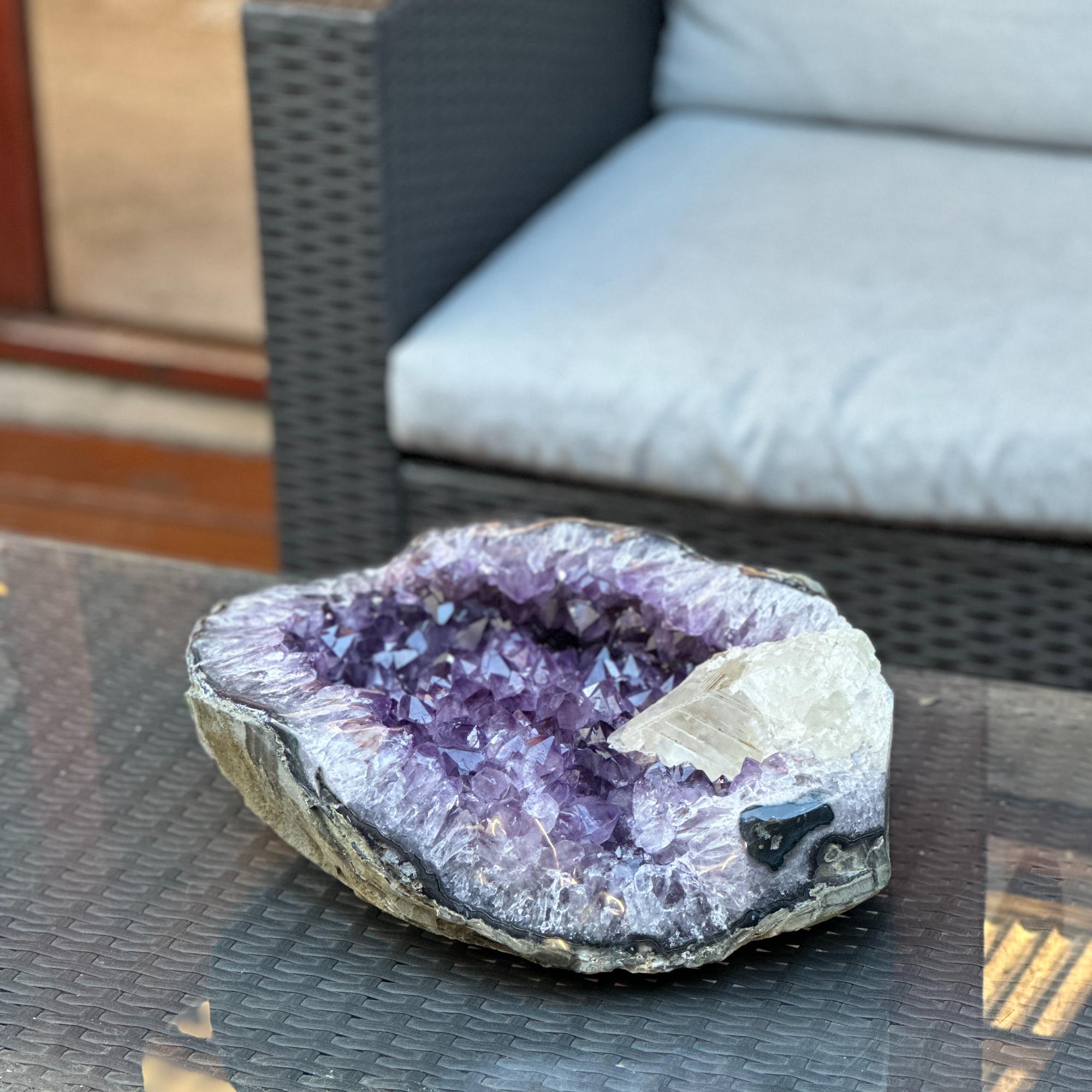 Rare Amethyst Crystal Geode Centerpiece with Calcite, Outstanding Quality Amethyst