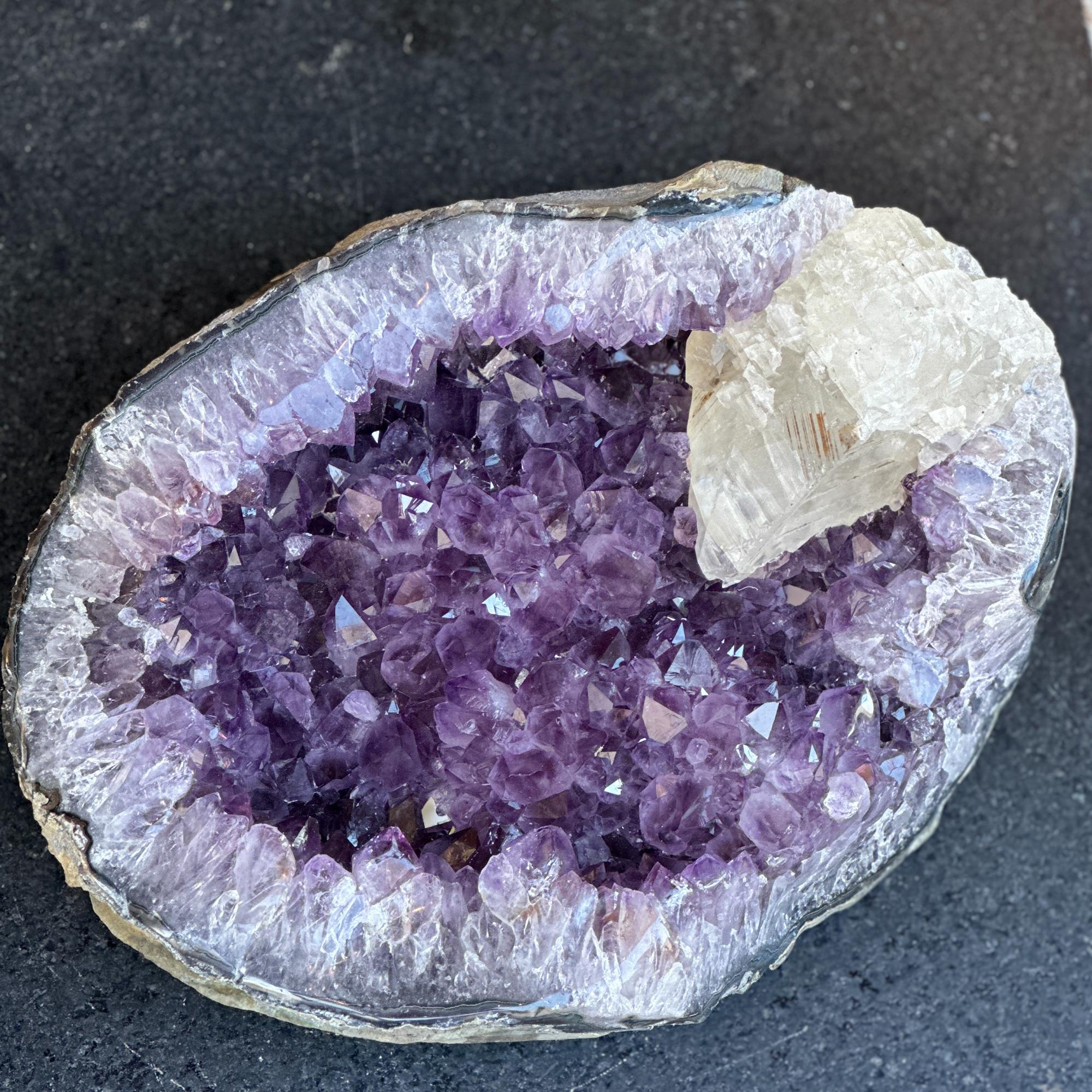 Rare Amethyst Crystal Geode Centerpiece with Calcite, Outstanding Quality Amethyst