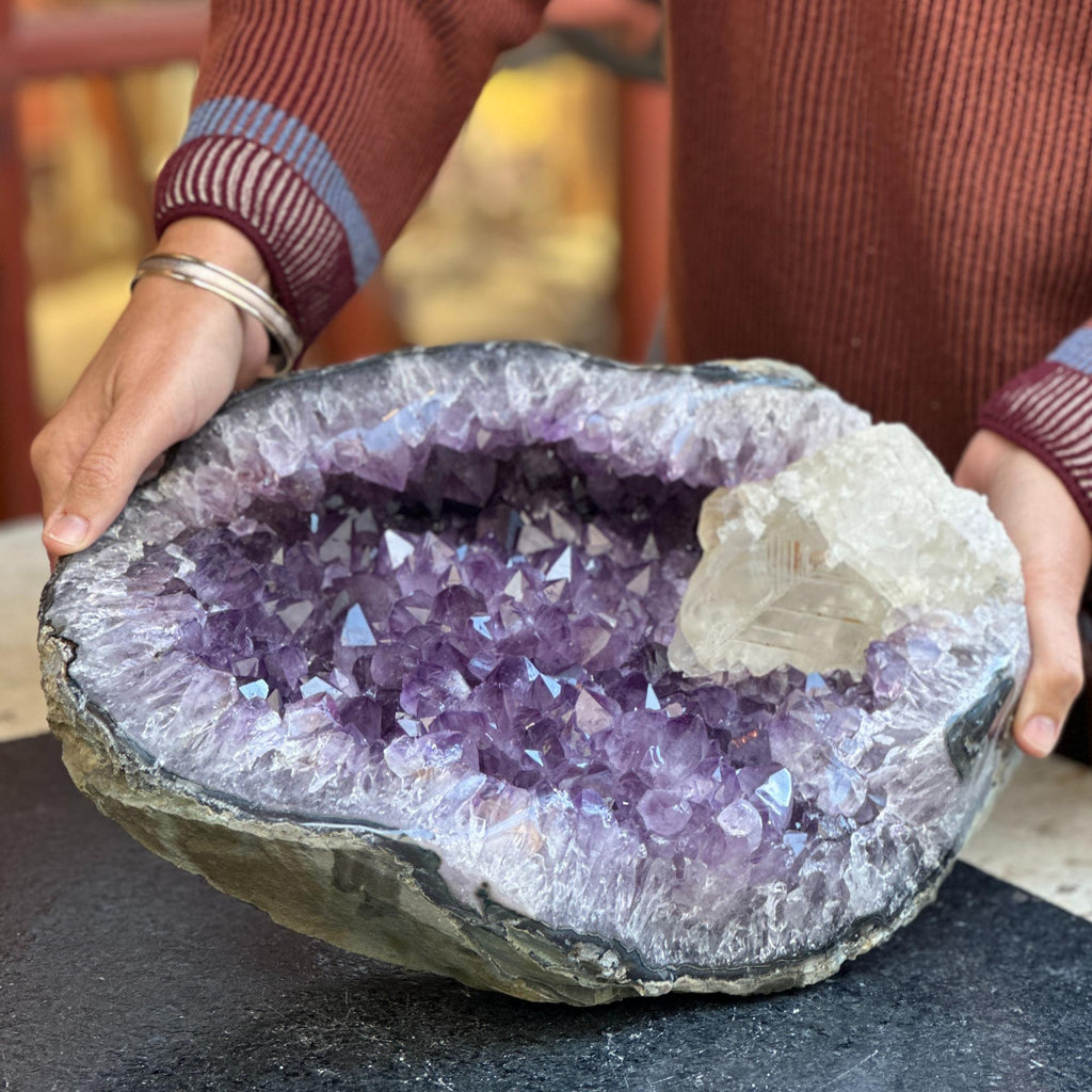 Rare Amethyst Crystal Geode Centerpiece with Calcite, Outstanding Quality Amethyst