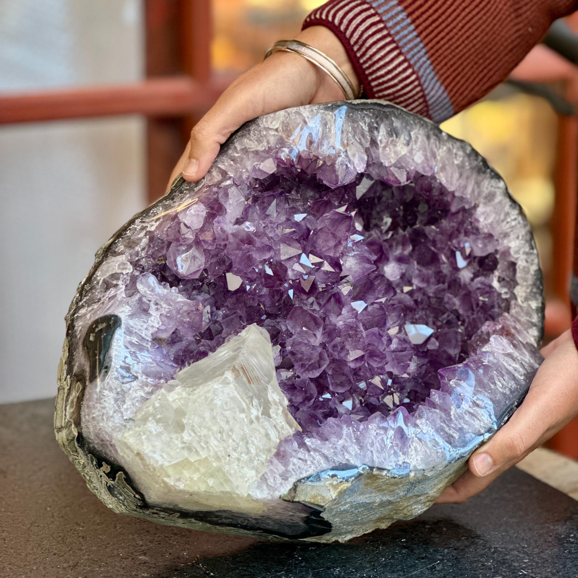 Rare Amethyst Crystal Geode Centerpiece with Calcite, Outstanding Quality Amethyst