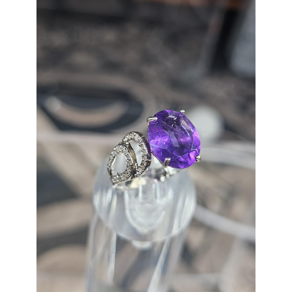 Womens 14K White Gold Platinum Finish Size 6 Ring Amethyst & Diamonds by Diablo