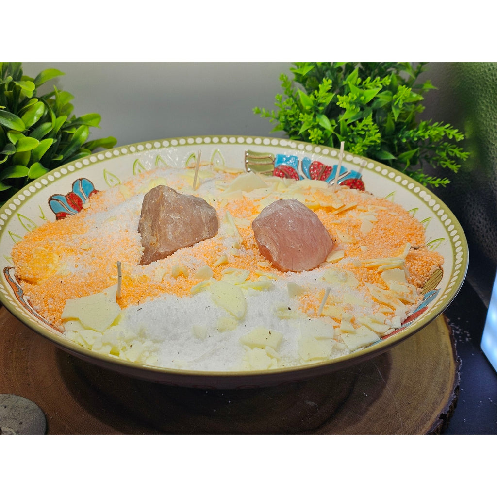 Super Large Handmade Candle — Decorative Ceramic Bowl, Rose Quartz Center Stones, 2lb Pearl Wax, 20 Wicks