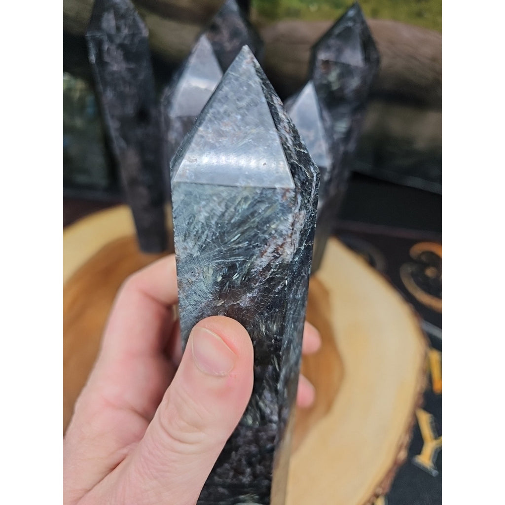 Arfvedsonite Garnet Crystal Tower with Blue Flash — 1.5–1.9 lbs, Polished | CrystalCloud Company by CrystalCloud Company