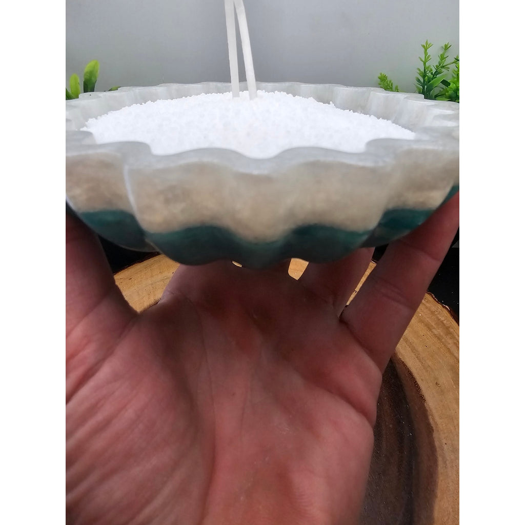 Handmade Fluted Resin Bowl White Teal with 1lb Pearl Wax + 15 Wicks
