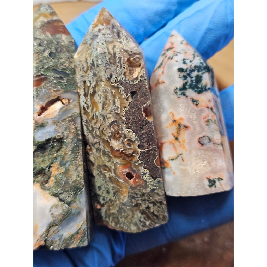 Set of 3 Moss Agate Towers