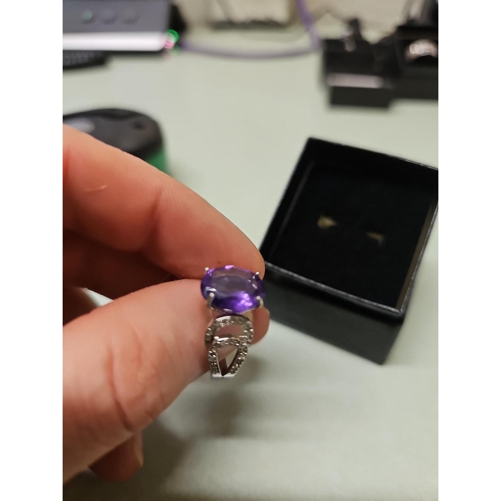 Womens 14K White Gold Platinum Finish Size 6 Ring Amethyst & Diamonds by Diablo
