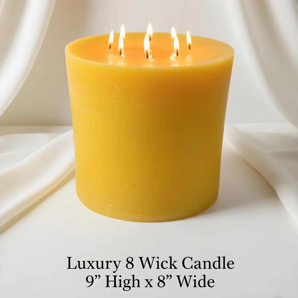 Bonfire Yellow Beeswax Candle Eight-Wick Luxury Statement Pillar 9″ Tall 8″ Wide