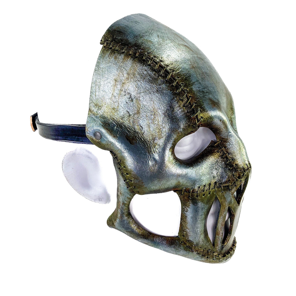 Invader - Genuine Leather Mask in Corroded Metallic Paint - Handmade Full Face Cover for Halloween, Performance or Cosplay