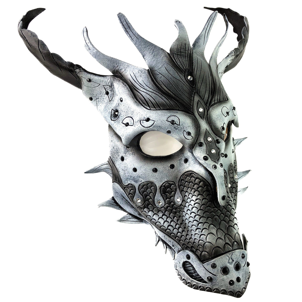 Grey Ancient Dragon Leather Mask with Swarovski Crystals