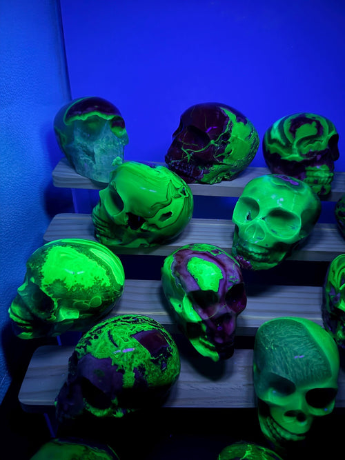 16x Hand Carved Volcano Agate Skull Set Glows Under SW UV
