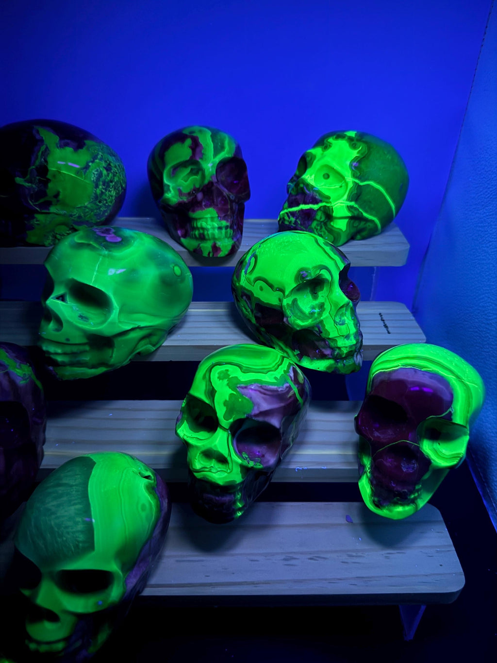 16x Hand Carved Volcano Agate Skull Set Glows Under SW UV