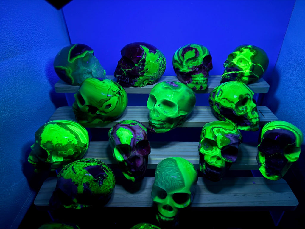 16x Hand Carved Volcano Agate Skull Set Glows Under SW UV