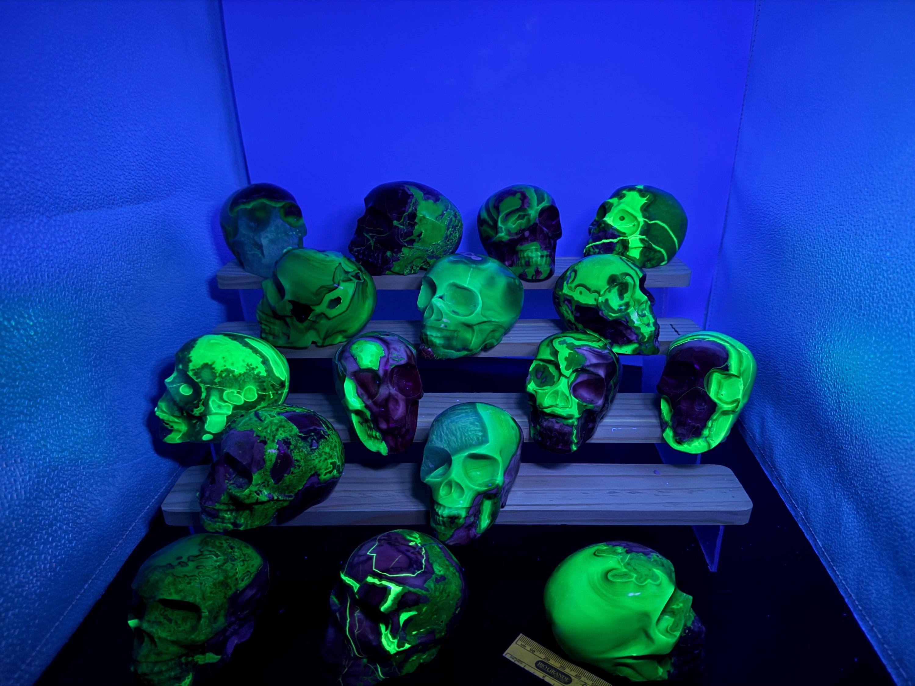 16x Hand Carved Volcano Agate Skull Set Glows Under SW UV