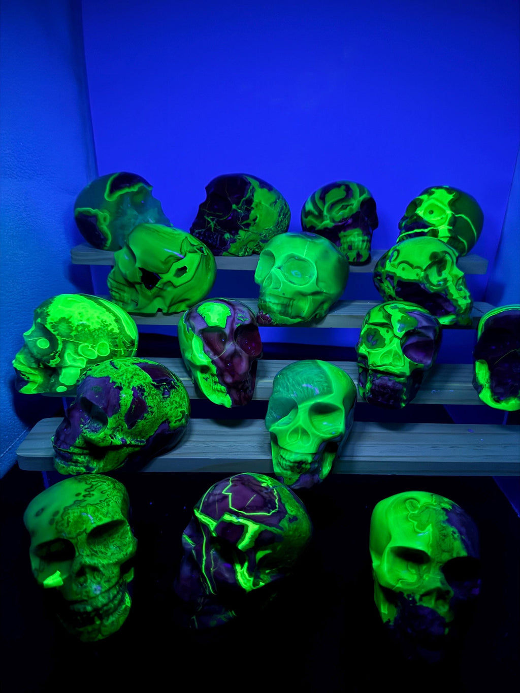 16x Hand Carved Volcano Agate Skull Set Glows Under SW UV
