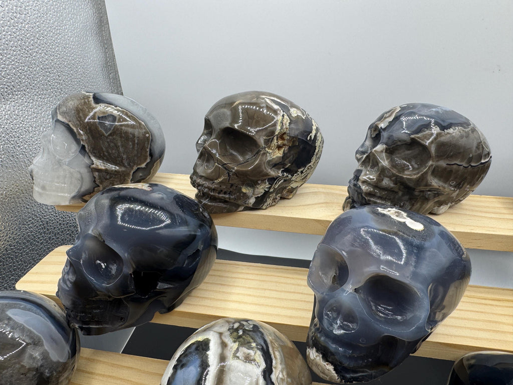 16x Hand Carved Volcano Agate Skull Set Glows Under SW UV