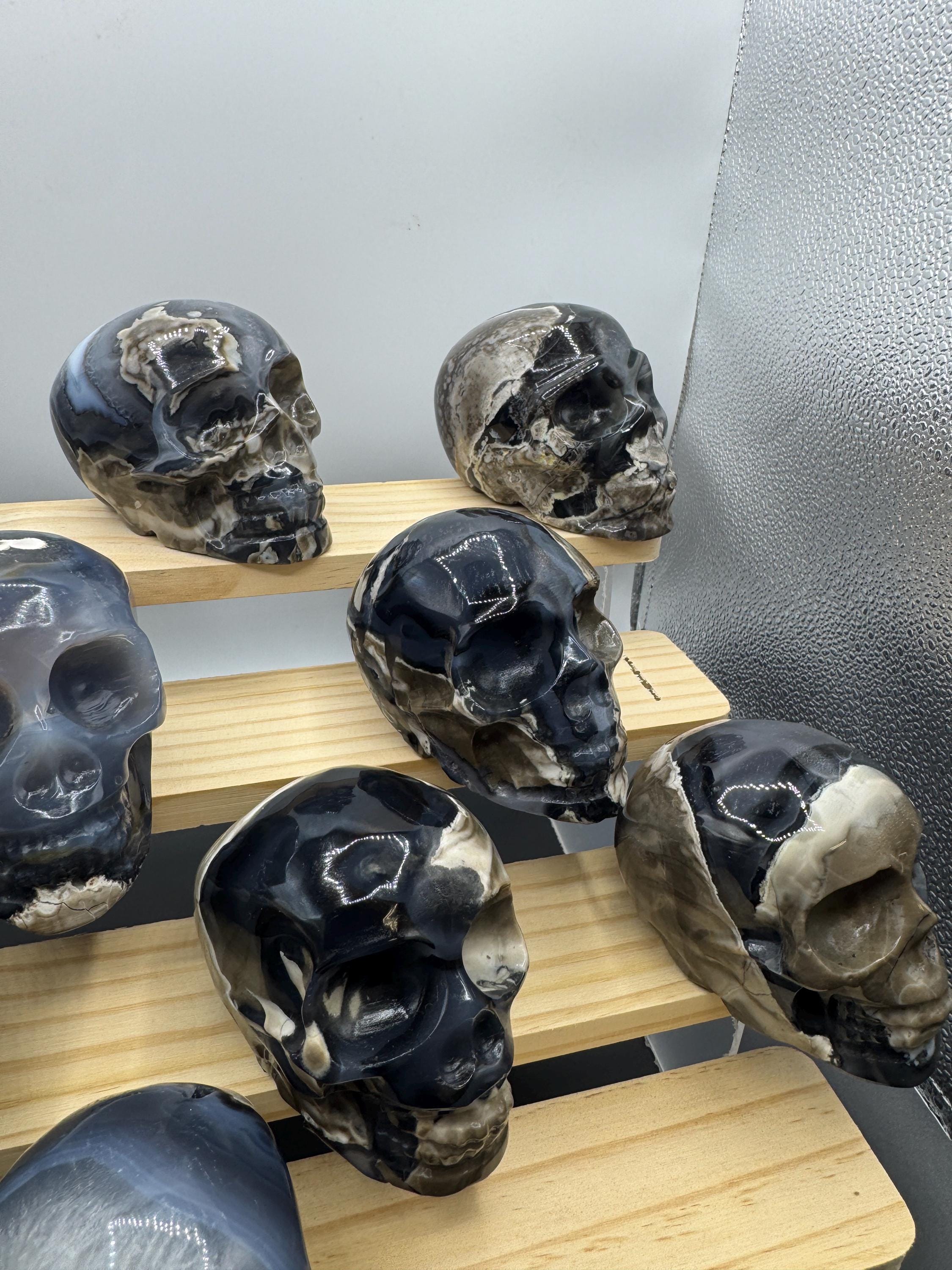 16x Hand Carved Volcano Agate Skull Set Glows Under SW UV