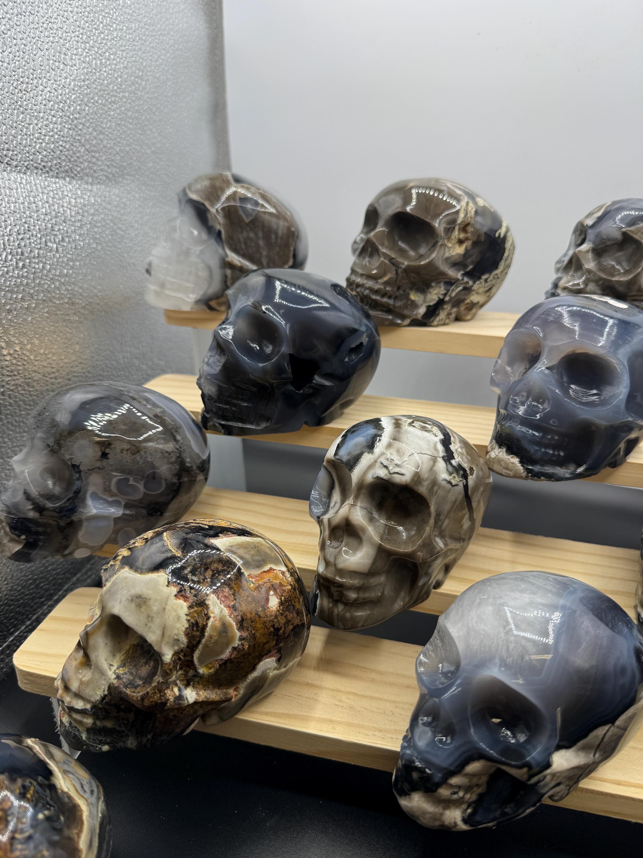 16x Hand Carved Volcano Agate Skull Set Glows Under SW UV