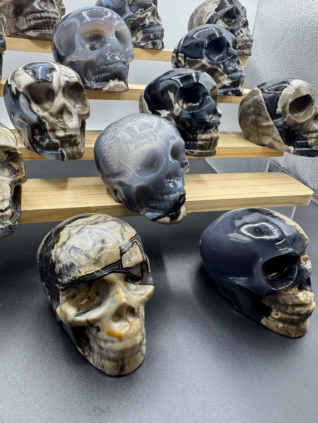 16x Hand Carved Volcano Agate Skull Set Glows Under SW UV
