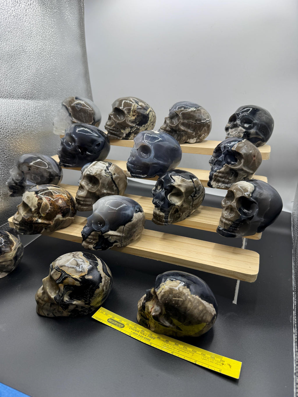 16x Hand Carved Volcano Agate Skull Set Glows Under SW UV