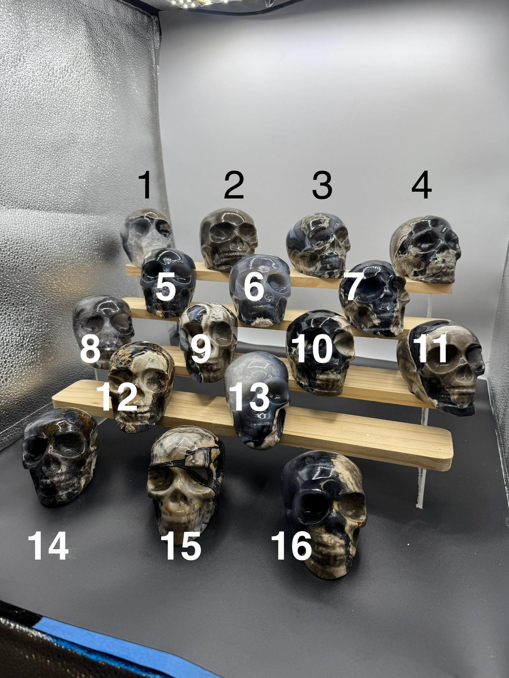 16x Hand Carved Volcano Agate Skull Set Glows Under SW UV