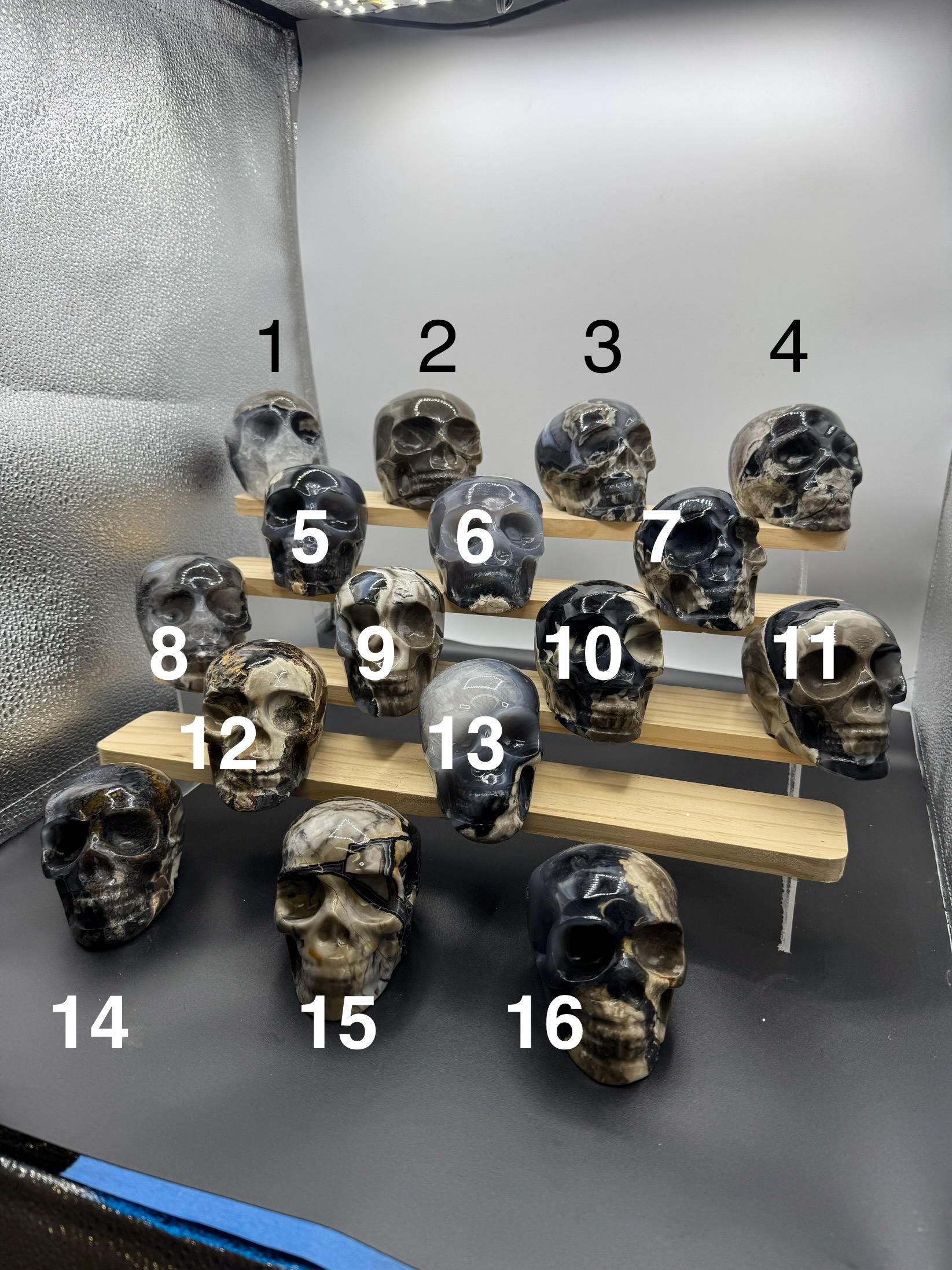 16x Hand Carved Volcano Agate Skull Set Glows Under SW UV