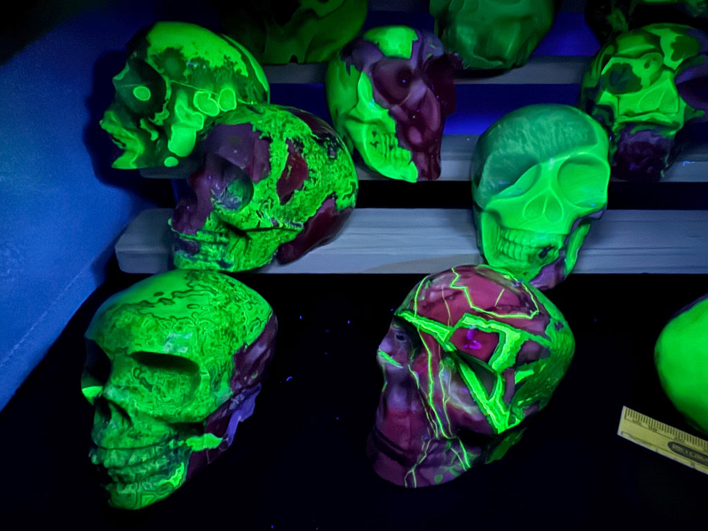 16x Hand Carved Volcano Agate Skull Set Glows Under SW UV