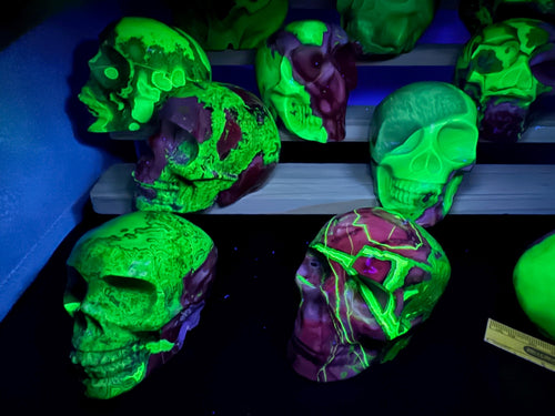 16x Hand Carved Volcano Agate Skull Set Glows Under SW UV