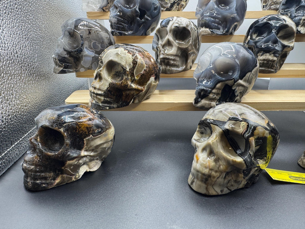 16x Hand Carved Volcano Agate Skull Set Glows Under SW UV