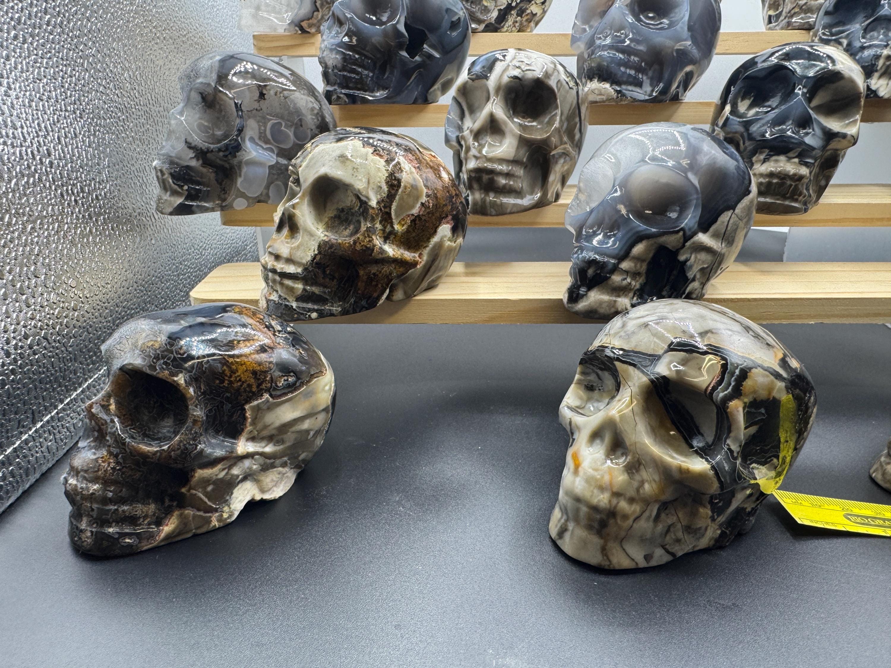 16x Hand Carved Volcano Agate Skull Set Glows Under SW UV