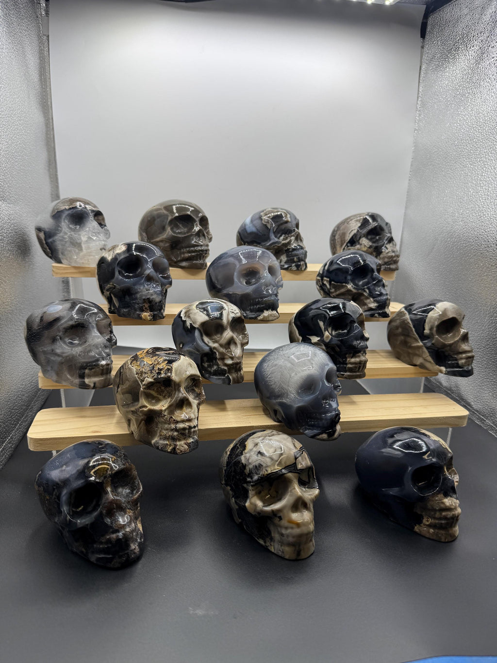 16x Hand Carved Volcano Agate Skull Set Glows Under SW UV