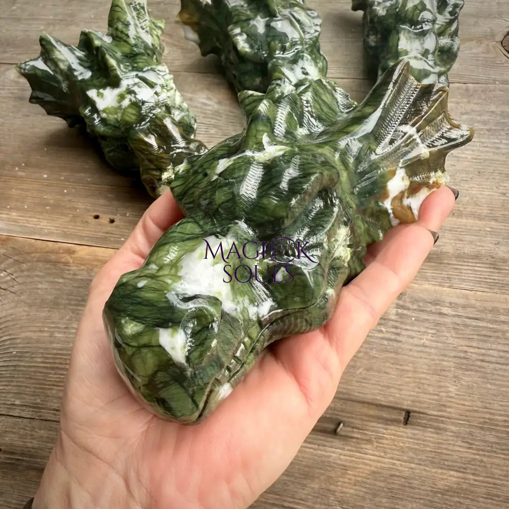 Large Serpentine Jade Dragon Head Crystal Carving by Magick Souls