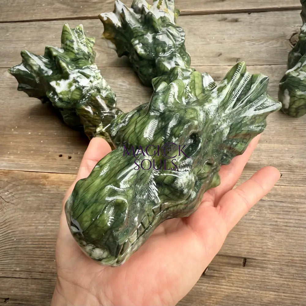 Large Serpentine Jade Dragon Head Crystal Carving by Magick Souls