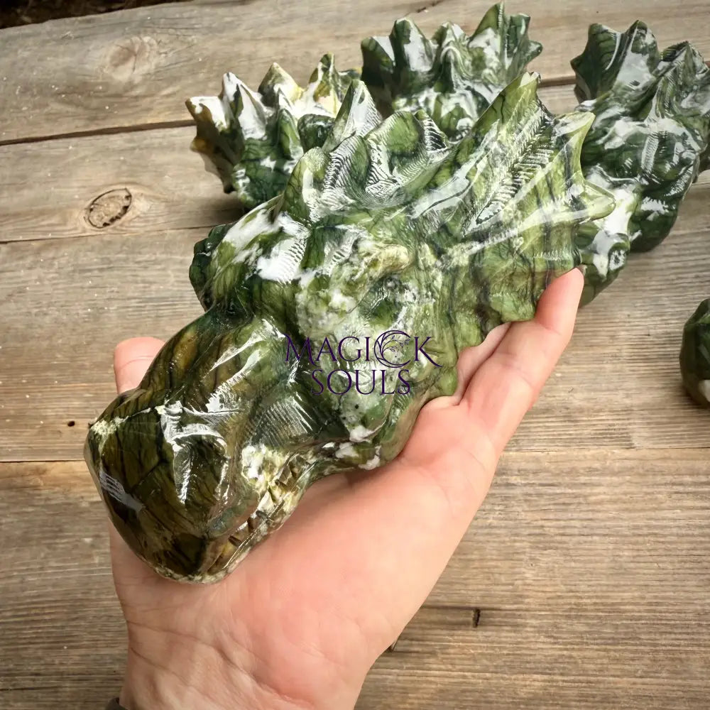 Large Serpentine Jade Dragon Head Crystal Carving by Magick Souls