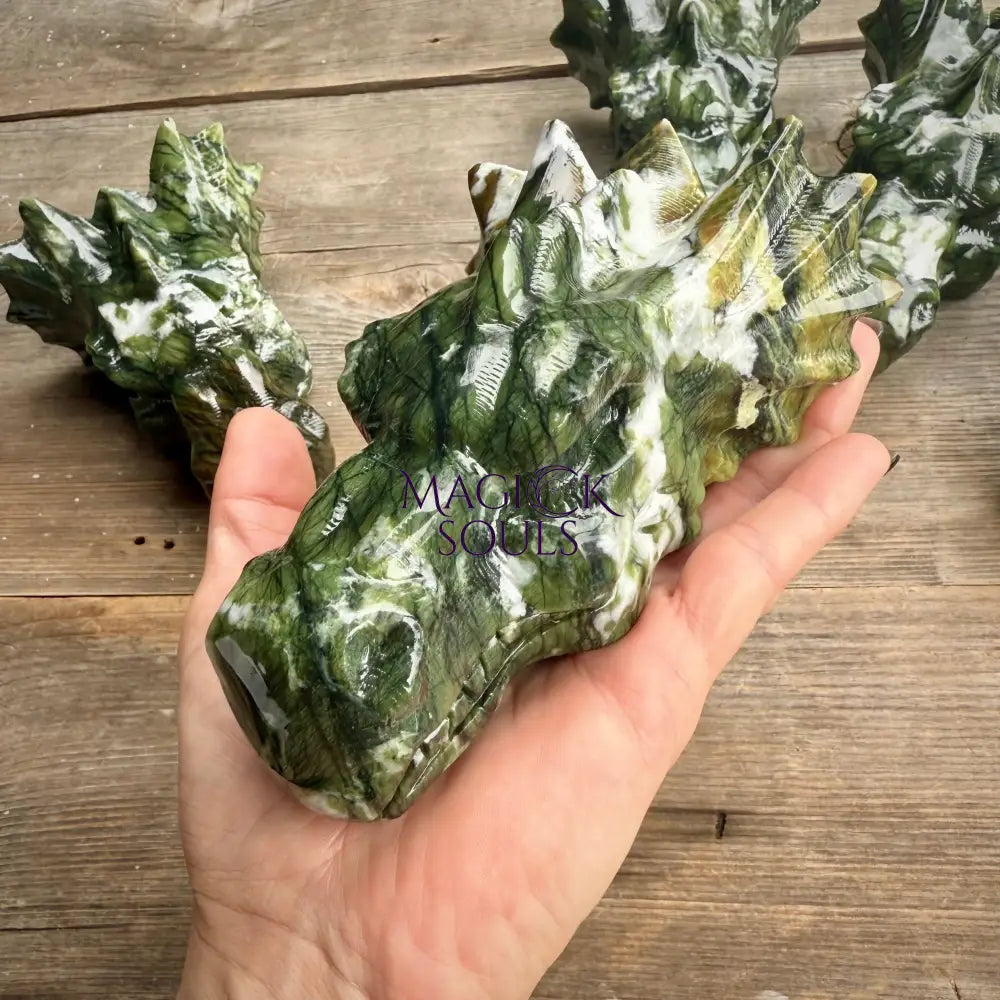 Large Serpentine Jade Dragon Head Crystal Carving by Magick Souls