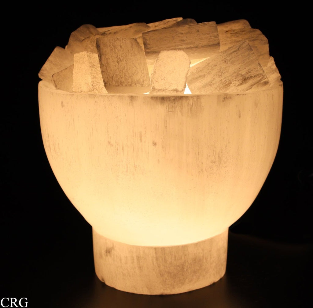 Selenite White "Fire Bowl" Lamp with Cord and Bulb (1 Piece) Size 6 to 8 by 4 Inches Crystal Gemstone Decor by Crystal River Gems