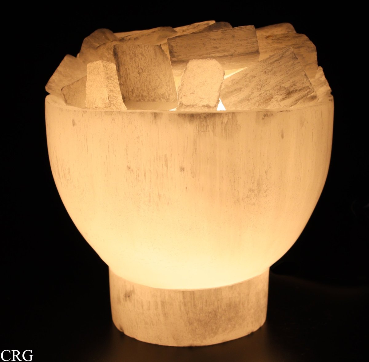 Selenite White "Fire Bowl" Lamp with Cord and Bulb (1 Piece) Size 6 to 8 by 4 Inches Crystal Gemstone Decor by Crystal River Gems