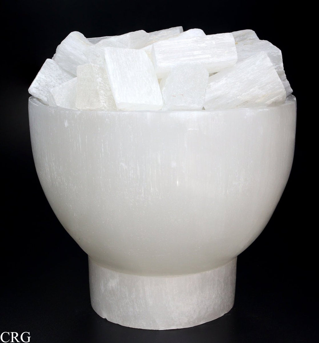 Selenite White "Fire Bowl" Lamp with Cord and Bulb (1 Piece) Size 6 to 8 by 4 Inches Crystal Gemstone Decor by Crystal River Gems