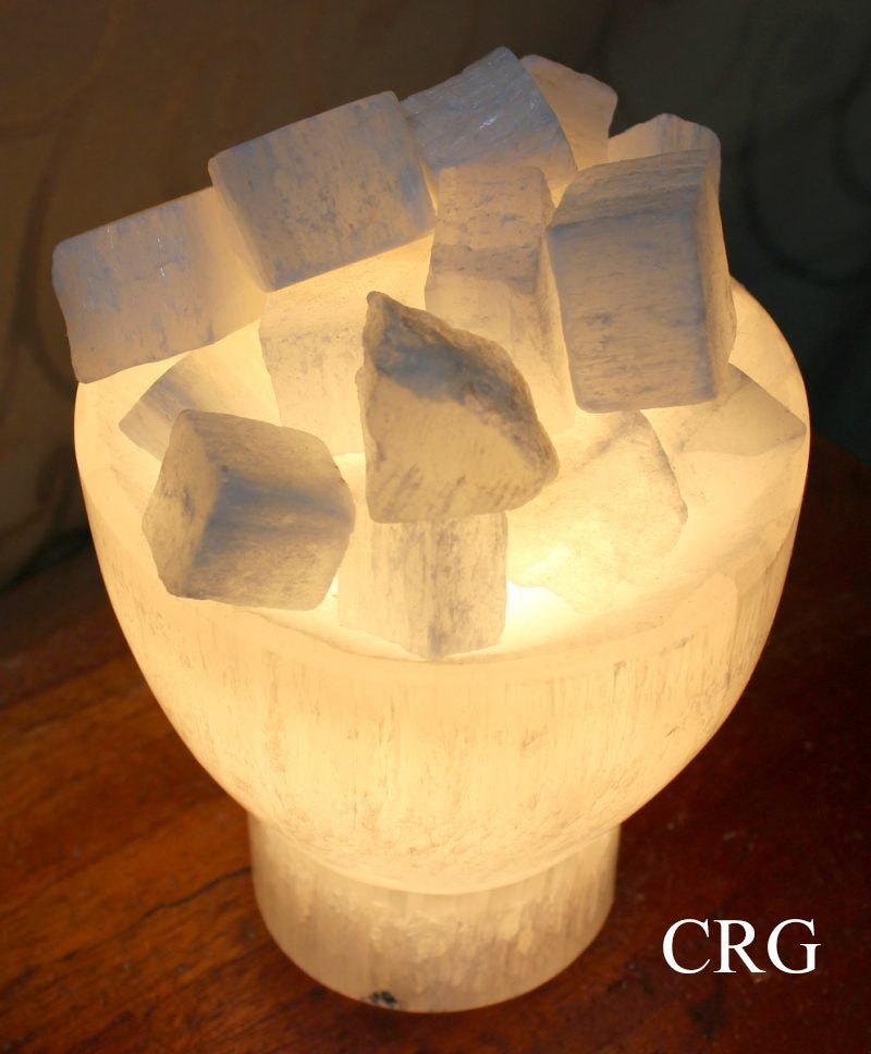 Selenite White "Fire Bowl" Lamp with Cord and Bulb (1 Piece) Size 6 to 8 by 4 Inches Crystal Gemstone Decor by Crystal River Gems